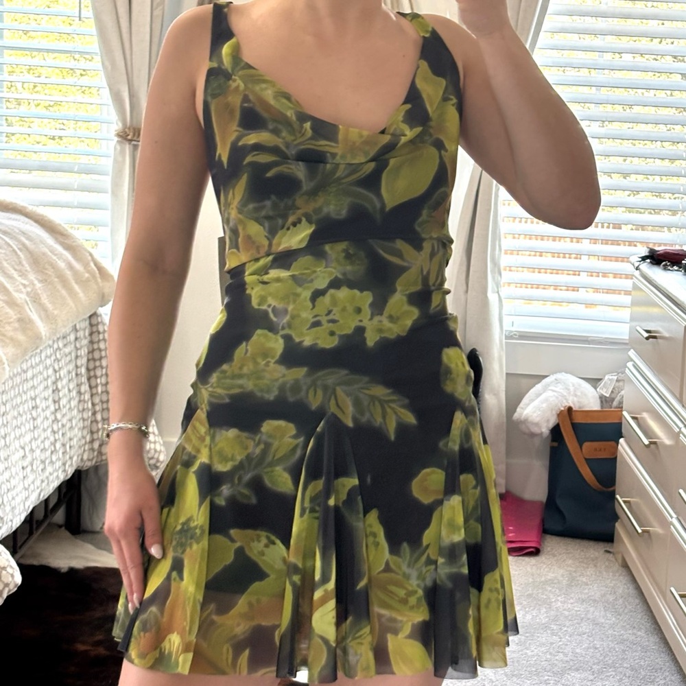 Zara Black and Olive Green Floral Mini Dress
